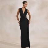 Black Deep V Neck Pleated Snatch Elegant Long Dress