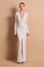 White Lace Long Sleeve Deep V Neck Elegant Party Evening High Split Bodycon Maxi Dress
