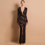 Black Lace Long Sleeve Deep V Neck Elegant Party Evening High Split Bodycon Maxi Dress