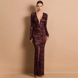Claret Lace Long Sleeve Deep V Neck Elegant Party Evening High Split Bodycon Maxi Dress