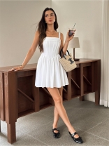 White Straps Boat Neck Fishboned Corsets Back Lace Up Bandage Mini Skirt Dress