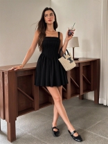 Black Straps Boat Neck Fishboned Corsets Back Lace Up Bandage Mini Skirt Dress