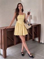 Yellow Straps Boat Neck Fishboned Corsets Back Lace Up Bandage Mini Skirt Dress