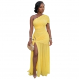 Yellow One Shoulder Pleated Sleeveless Bodycon Party Evening Prom Dress