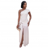 White One Shoulder Pleated Sleeveless Bodycon Party Evening Prom Dress