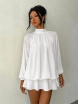 White Long Sleeve Casual Fashion Women Loose Fit Mini Party Dress