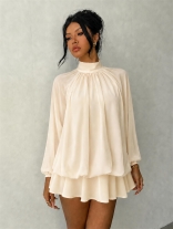 Apricot Long Sleeve Casual Fashion Women Loose Fit Mini Party Dress