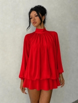 Red Long Sleeve Casual Fashion Women Loose Fit Mini Party Dress