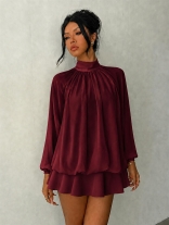 Wine Red Long Sleeve Casual Fashion Women Loose Fit Mini Party Dress