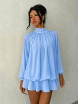 Blue Long Sleeve Casual Fashion Women Loose Fit Mini Party Dress