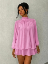 Pink Long Sleeve Casual Fashion Women Loose Fit Mini Party Dress