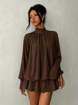 Brown Long Sleeve Casual Fashion Women Loose Fit Mini Party Dress