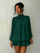 Green Long Sleeve Casual Fashion Women Loose Fit Mini Party Dress