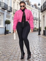 Rose Red Long Sleeve Zipper Fashion Winter Cotton Zipper Casual Jacket