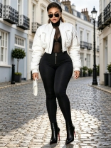 White Long Sleeve Zipper Fashion Winter Cotton Zipper Casual Jacket