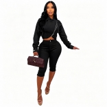 Black Two Pieces Long Sleeve Suede Zipper Tops Bodycon Strench Vevelt Short Sets