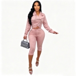 Pink Two Pieces Long Sleeve Suede Zipper Tops Bodycon Strench Vevelt Short Sets