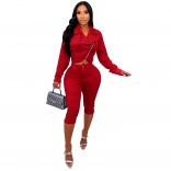 Red Two Pieces Long Sleeve Suede Zipper Tops Bodycon Strench Vevelt Short Sets