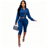 Blue Two Pieces Long Sleeve Suede Zipper Tops Bodycon Strench Vevelt Short Sets