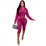 Rose Red Two Pieces Long Sleeve Suede Zipper Tops Bodycon Strench Vevelt Short Sets