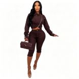 Brown Two Pieces Long Sleeve Suede Zipper Tops Bodycon Strench Vevelt Short Sets