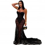 Black Straps Low Cut Lace Mesh See Through Elegant Bodycon Wedding Birthday Long Dress