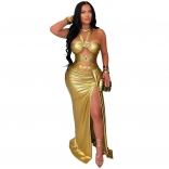 Gold Halter Girlding Hollow Out Bandage Sexy Party Evening Maxi Dress