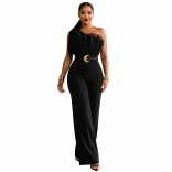 Black Off Shoulder Pleated Mesh Bodycon Women Party Wide Leg Prom Jumpsuits