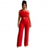 Red Off Shoulder Pleated Mesh Bodycon Women Party Wide Leg Prom Jumpsuits