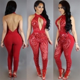 Red Sleeveless Sequins Open-Cups Sexy Jumpsuit