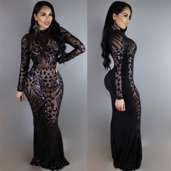 Black Long Sleeve Sequins Sexy Evening Long Dress