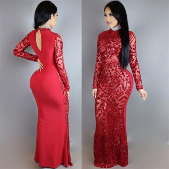 Red Long Sleeve Sequins Sexy Evening Long Dress