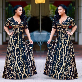 Black Long Sleeve Printed Low-cut Women Maxi Dress