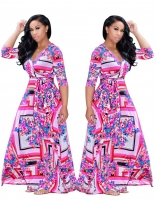 Pink Red Printed V-Neck Sexy Maxi Dress