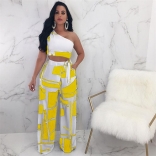 Yellow Off-shoulder Printed Two-pieces Club Dress