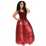Red Beading Mesh Sleeveless Women Bubble Skirt