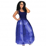 Blue Beading Mesh Sleeveless Women Bubble Skirt