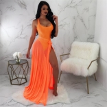 Orange Low-cut Sleeveless Mesh Sexy Maxi Dress