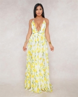 Yellow Deep V-Neck Printed Strap Women Maxi Dress