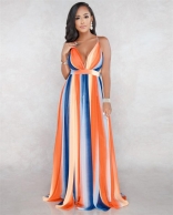 Orange Blue Deep V-Neck Printed Strap Women Maxi Dress