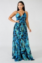 Drak Blue Deep V-Neck Printed Strap Women Maxi Dress