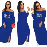 Blue Long Sleeve Printed Fashion Women Long Dress