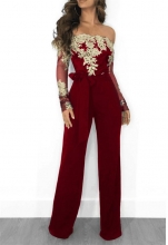 Red Long Sleeve Lace Women Sexy Jumpsuit