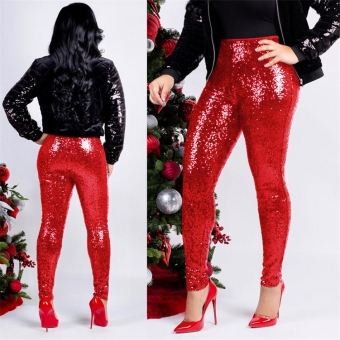 Red Women Fashion Sequins Trousers