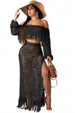 Black Off-Shoulder Hollow-out Tassels Women Maxi Dress
