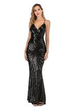 Black Halter Backless Sequins V-Neck Elegent Evening Dress