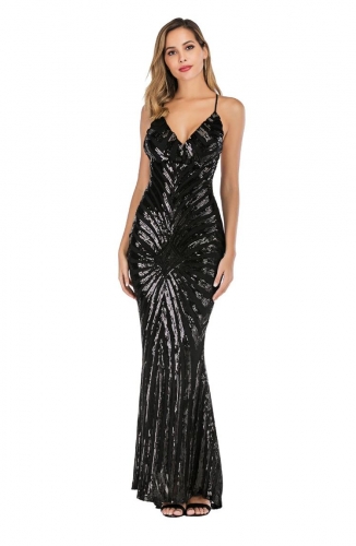 Black Halter Backless Sequins V-Neck Elegent Evening Dress