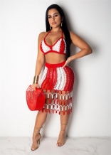 Red Halter V-Neck Nets Hollow-out 2PCS Bodycons Mini Dress