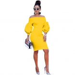Yellow Off-Shoulder Long Sleeve Bodycons Women OL Dress