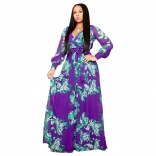 Purple Long Sleeve V-Neck Chiffion Printed Maxi Dress
